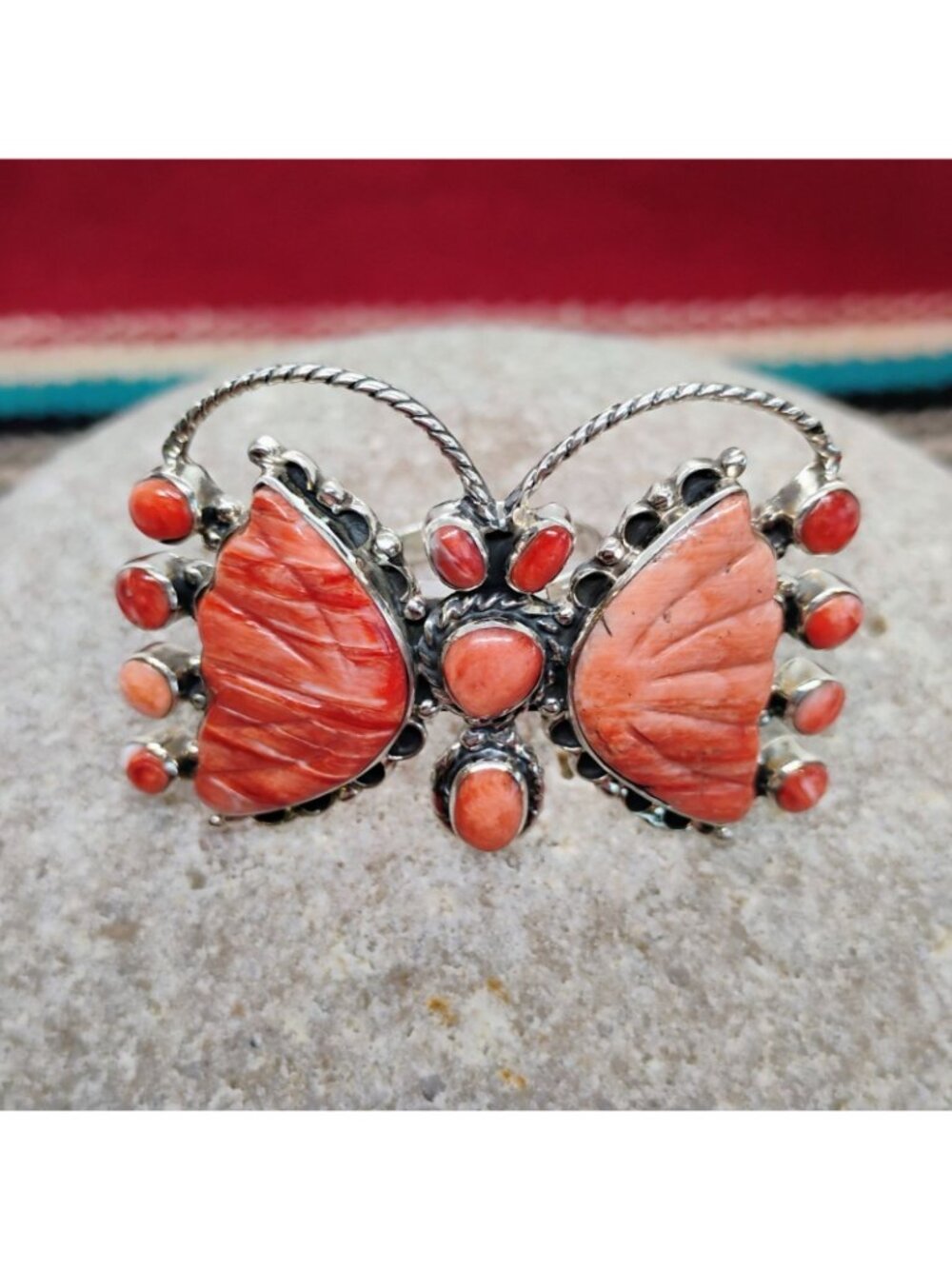 Native Signed CK Sterling Silver Orange Spiny Oyster Butterfly Ring Adjustable - Picture 2 of 10